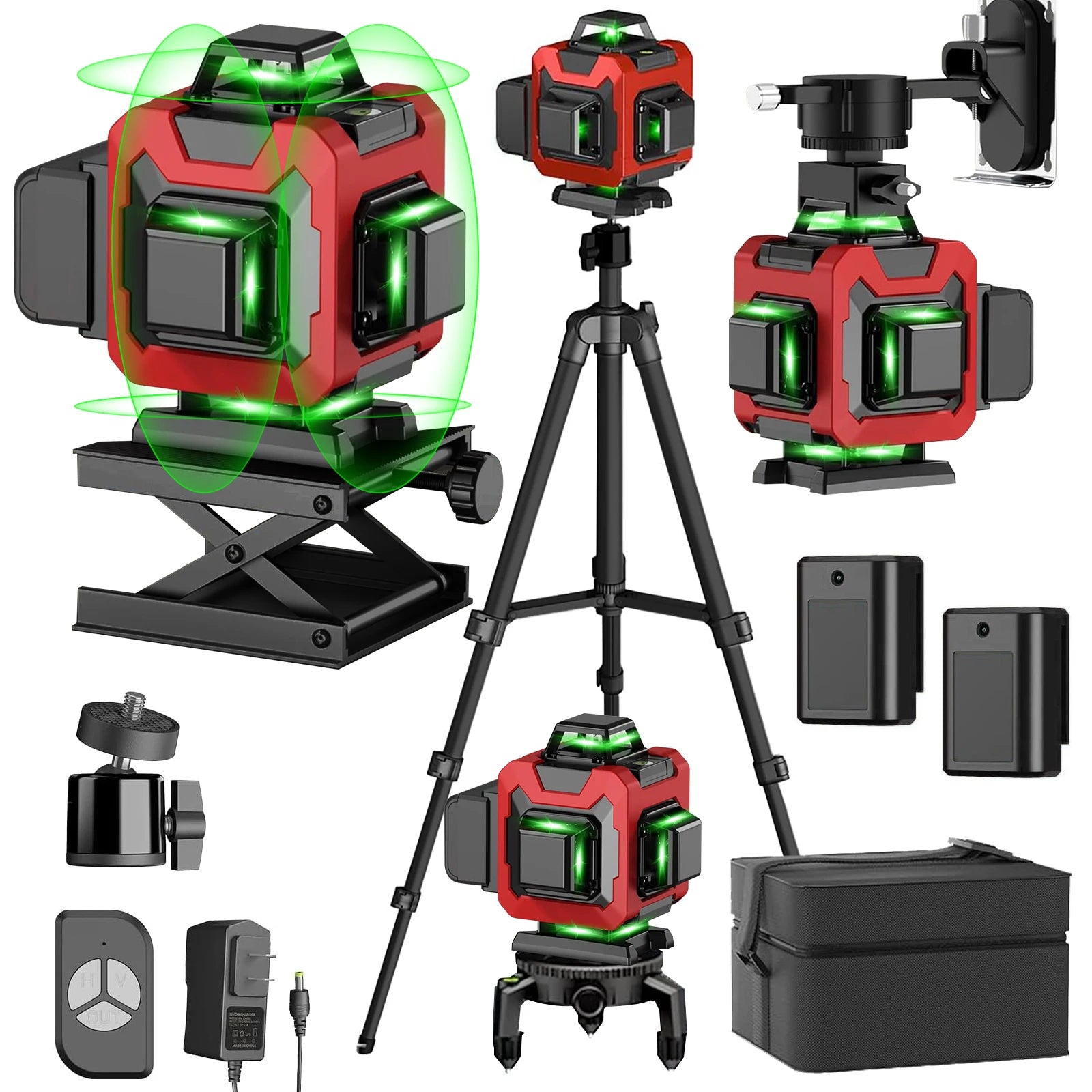 Satz von LynorHome Kreuzlinienlaser-Geräten mit Zubehör auf weißem Hintergrund