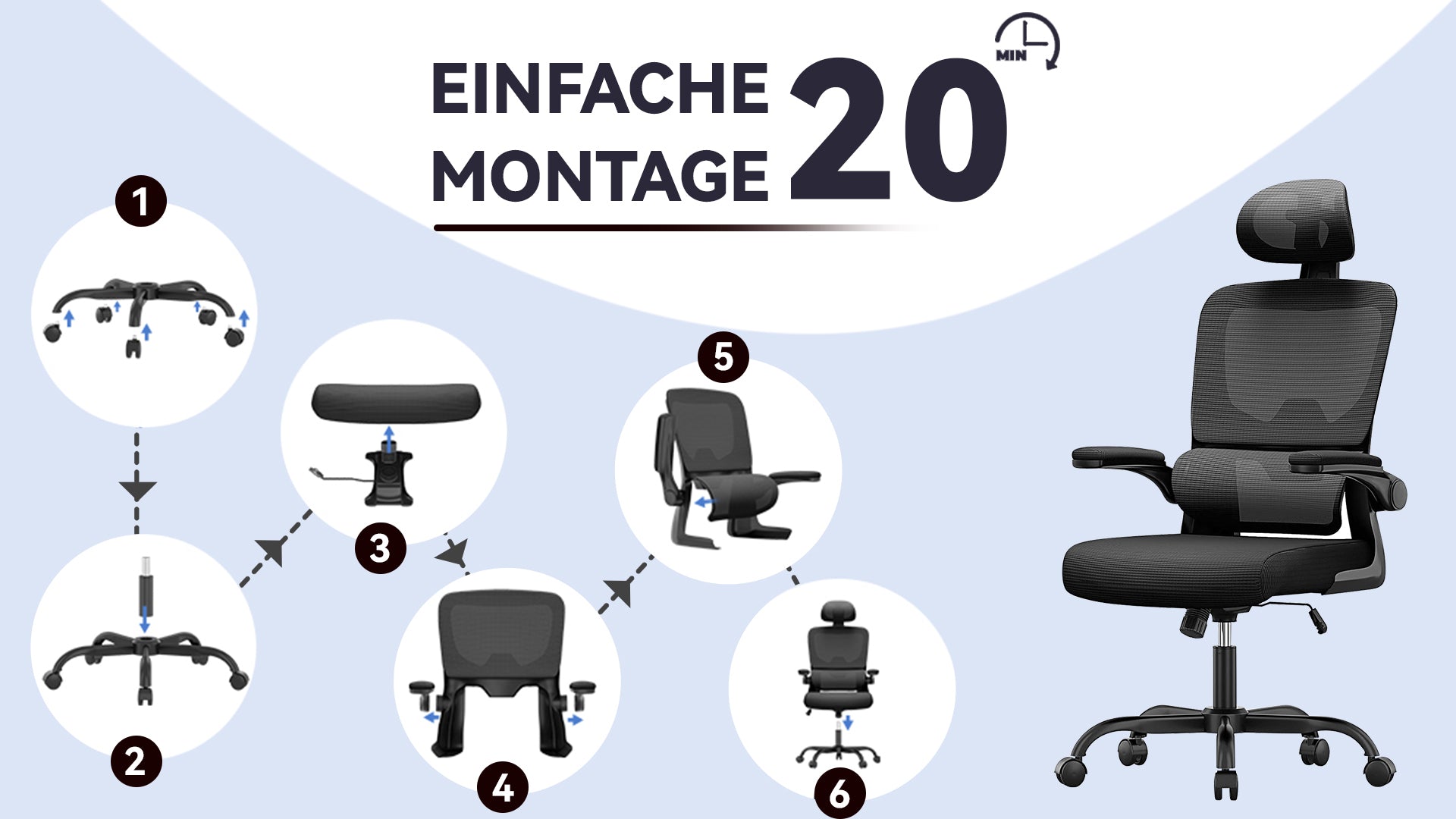 Schritt-für-Schritt-Montageanleitung für einen LynorHome Bürostuhl mit Symbolen und Text auf hellblauem Hintergrund