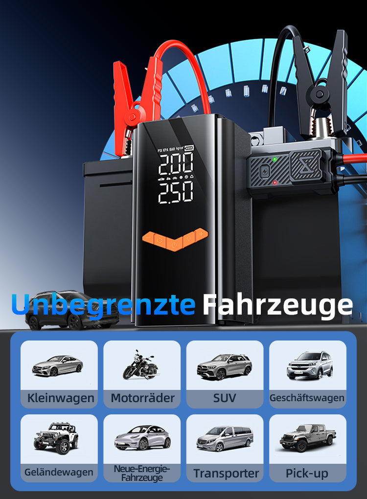 Schwarze LynorHome 2-in-1-Starthilfe Powerbank & Reifenkompressor mit Digitaldisplay und Klemmen auf blauem Farbverlaufshintergrund, darunter Symbole verschiedener Fahrzeugtypen