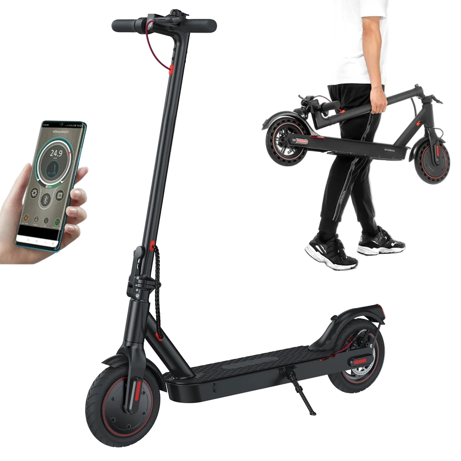 Schwarzer LynorHome E-Scooter mit Smartphone-App, zusammengeklapptem Scooter und Person, die den Scooter hält, auf weißem Hintergrund