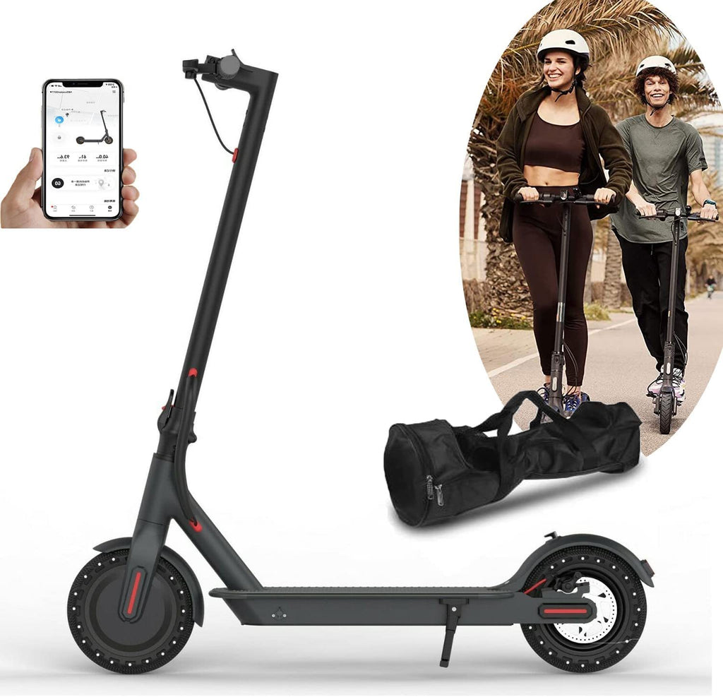 Schwarzer LynorHome E-Scooter mit einer Person, die eine Smartphone-App benutzt, und zwei Personen, die auf einem Weg Scooter fahren