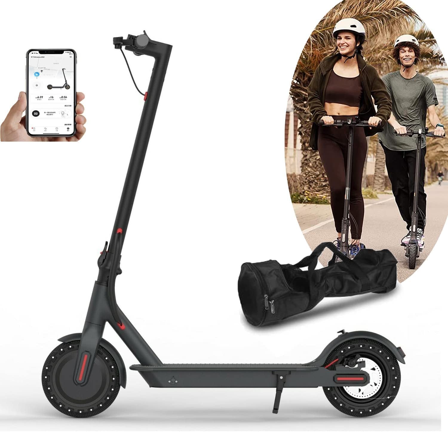 Schwarzer LynorHome E-Scooter mit einer Person, die eine Smartphone-App benutzt, und zwei Personen, die auf einem Weg Scooter fahren