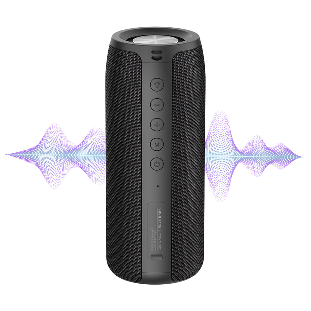 Schwarzer Meacode tragbarer Bluetooth-Lautsprecher mit Schallwellen-Grafik auf weißem Hintergrund