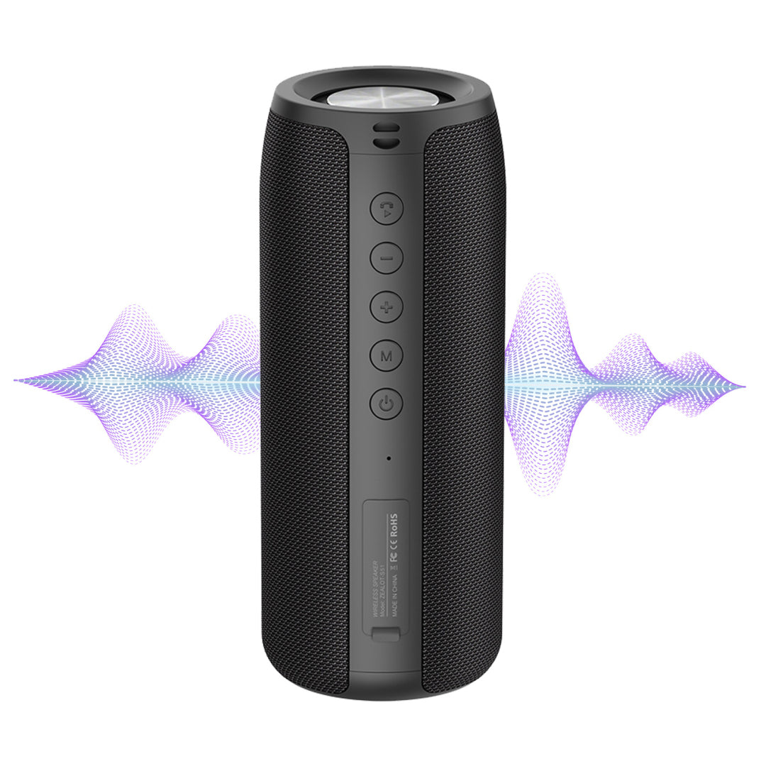 Schwarzer Meacode tragbarer Bluetooth-Lautsprecher mit Schallwellen-Grafik auf weißem Hintergrund