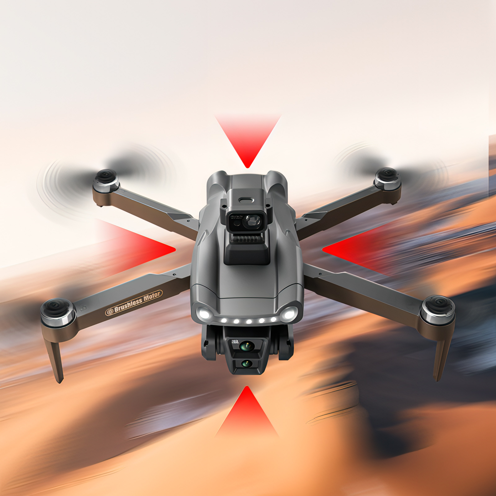 Skyrovas Air+ Drohne mit Kamera und roten Warndreiecken vor unscharfem Hintergrund