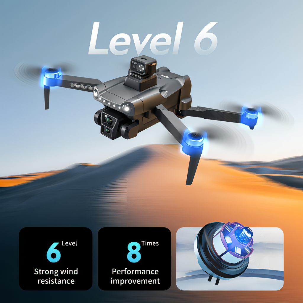Skyrovas Air+ Drohne mit Level-6-Text und Funktionen vor malerischem Hintergrund