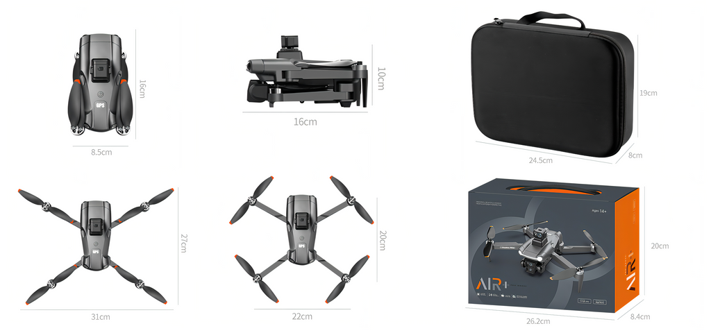 Skyrovas Air+ Drohne und Zubehör inklusive Drohne, Kamera, Tragetasche und Verpackung auf weißem Hintergrund