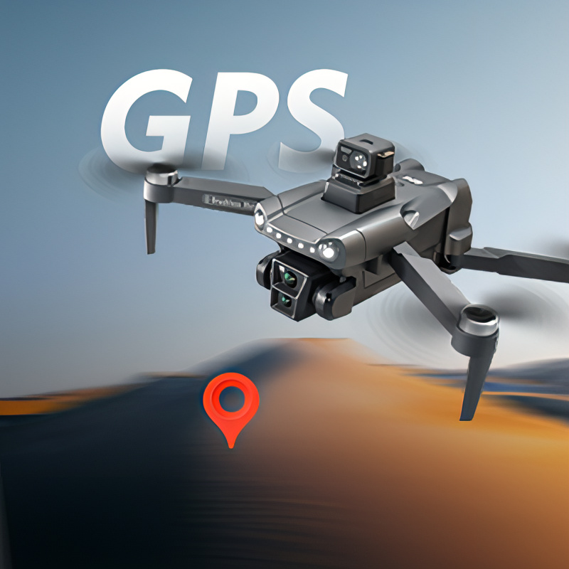 Skyrovas Air+ Drohnen mit GPS-Text und Kartenmarkierung vor unscharfem Landschaftshintergrund