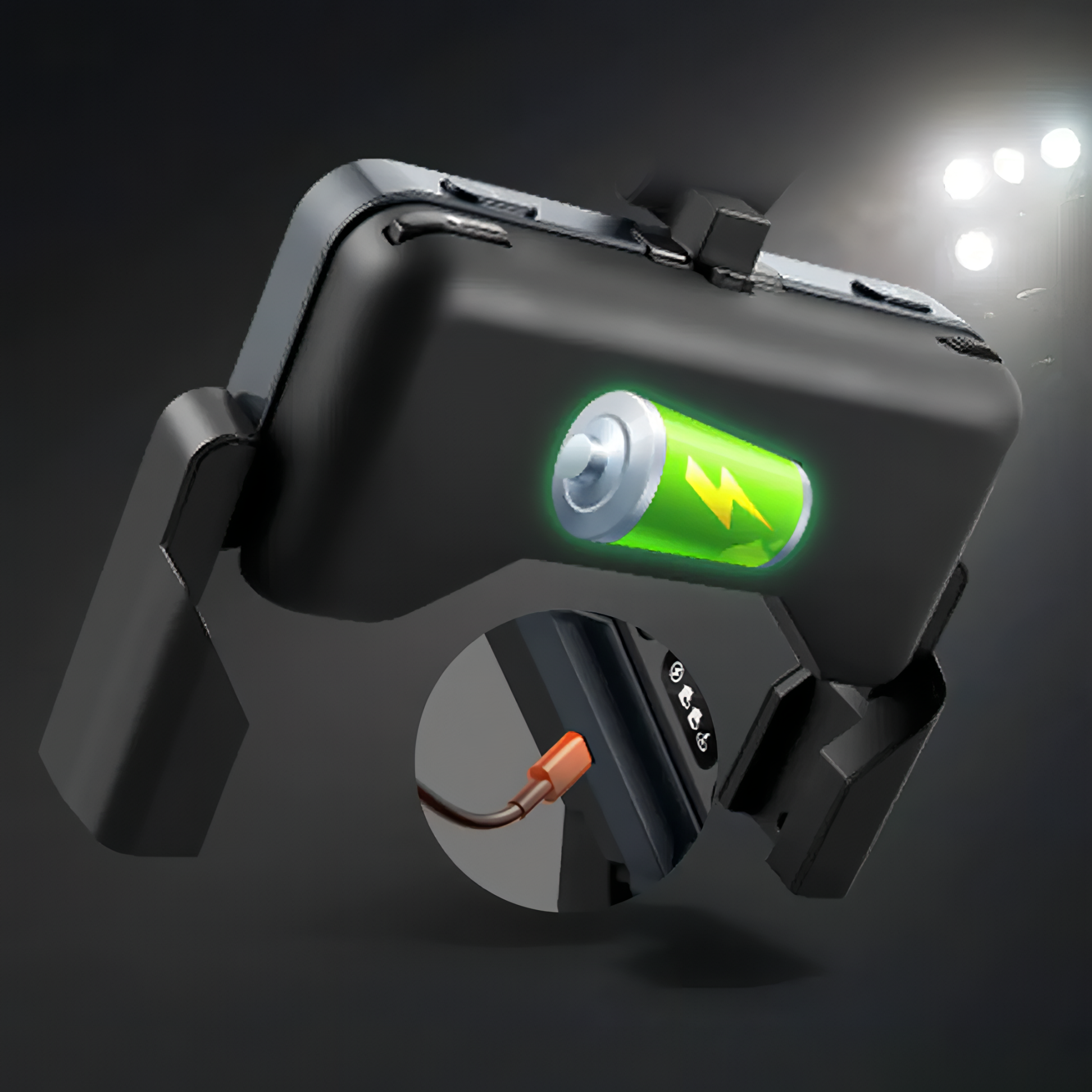 Schwarzes elektronisches Gerät mit grünem Licht vor dunklem Hintergrund