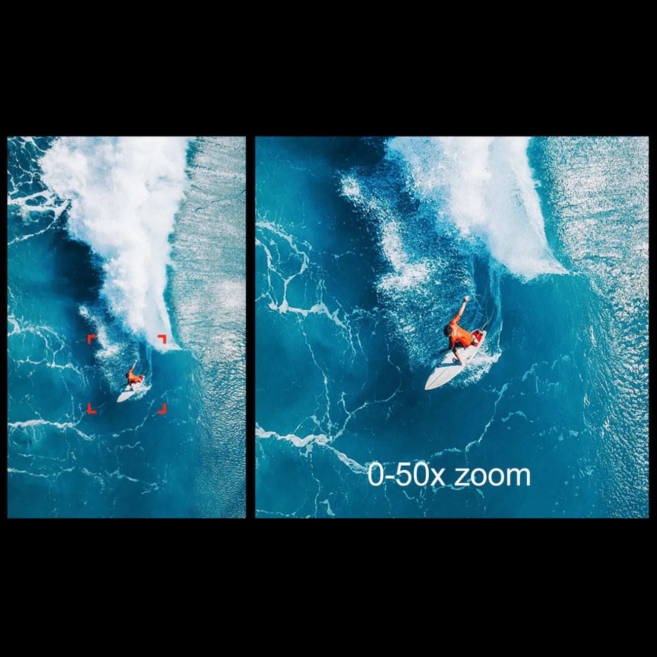 Skyrovas Air Zwei Ansichten von Surfern im Ozean mit Zoomanzeige