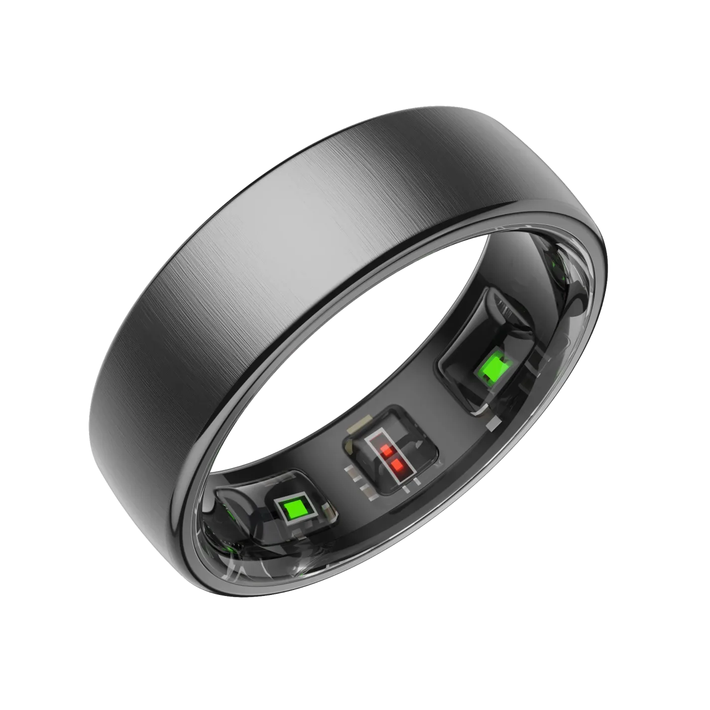 Schwarzer SofiRing S10 mit elektronischen Komponenten auf weißem Hintergrund