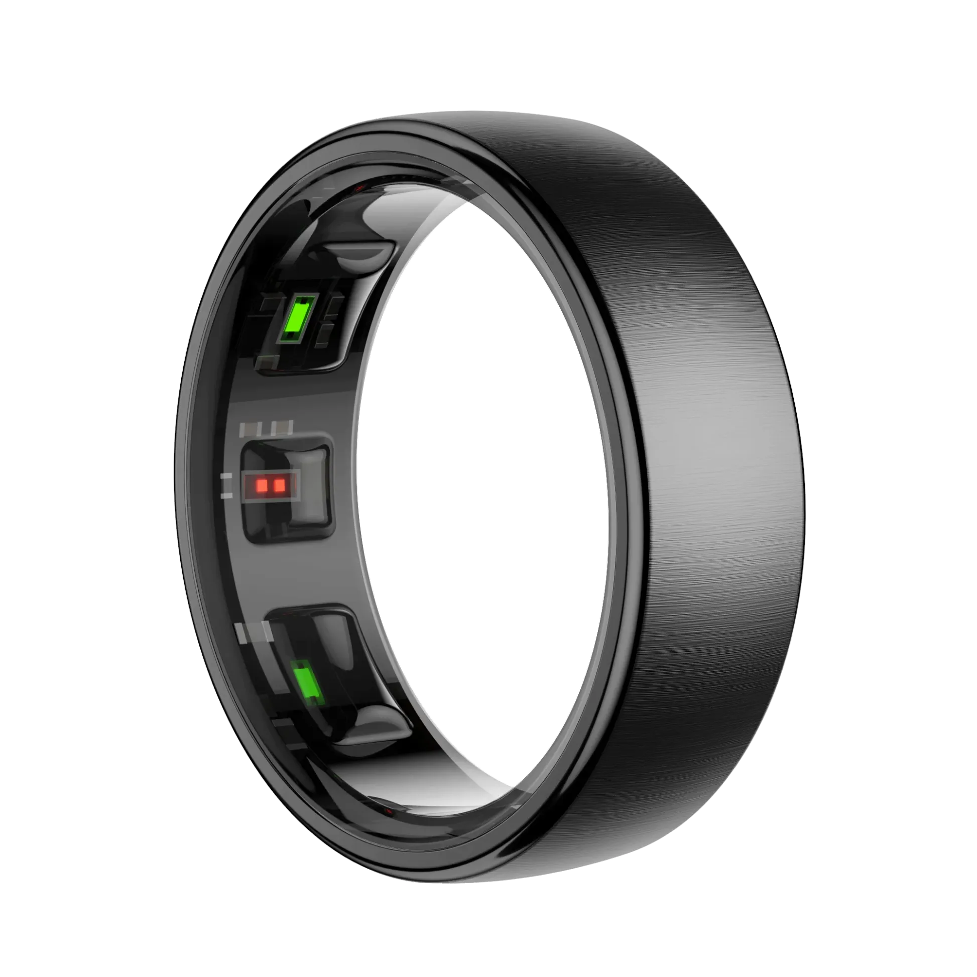 Schwarzer SofiRing S10 mit elektronischen Komponenten auf weißem Hintergrund
