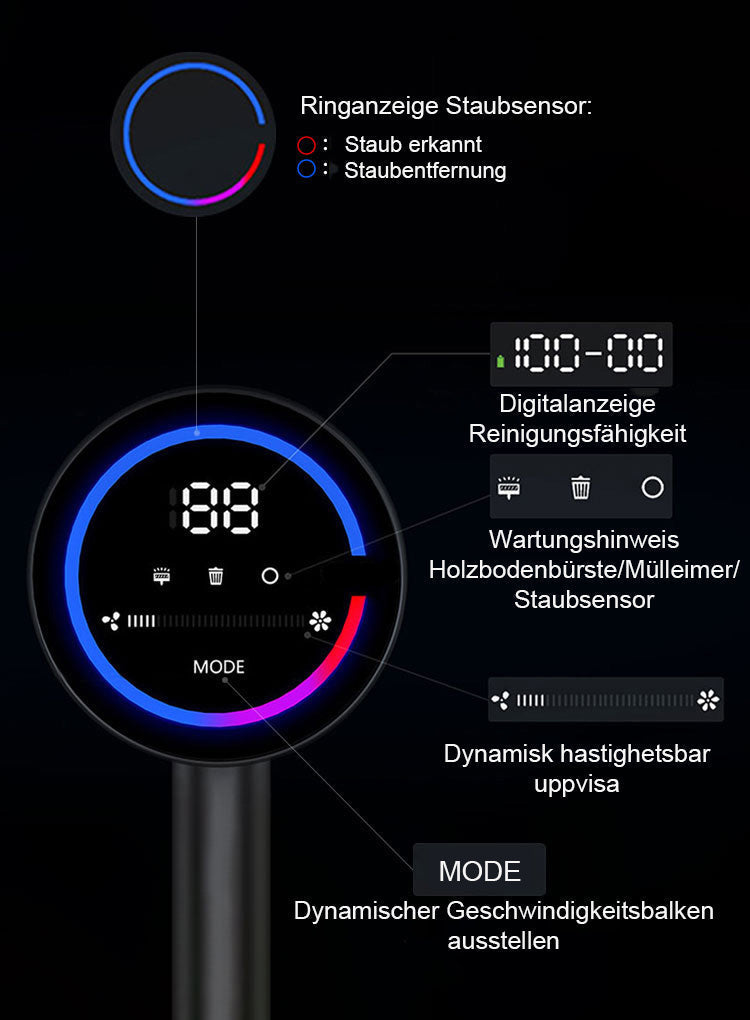 StarPod Staubsauger mit Touchscreen und intelligentem Echtzeit-Statusdisplay auf schwarzem Hintergrund
