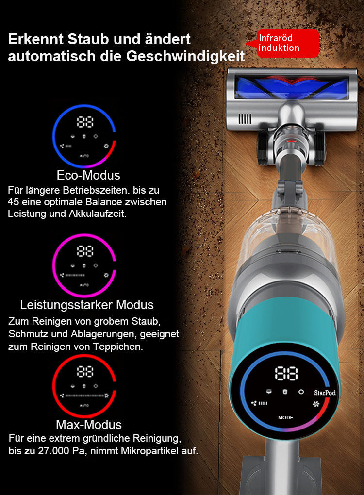 StarPod Staubsauger mit hervorgehobenen Funktionen vor dunklem Hintergrund
