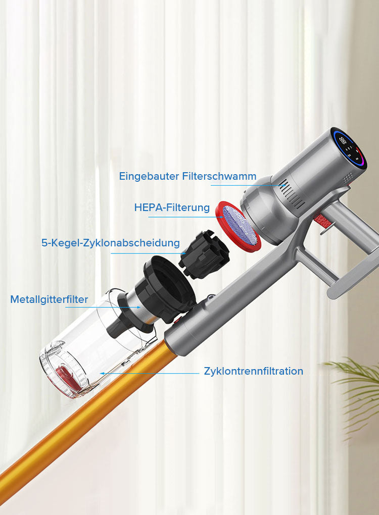Stilisierte Illustration eines LynorHome Akku Staubsaugers mit beschrifteten Filterkomponenten auf weißem Hintergrund