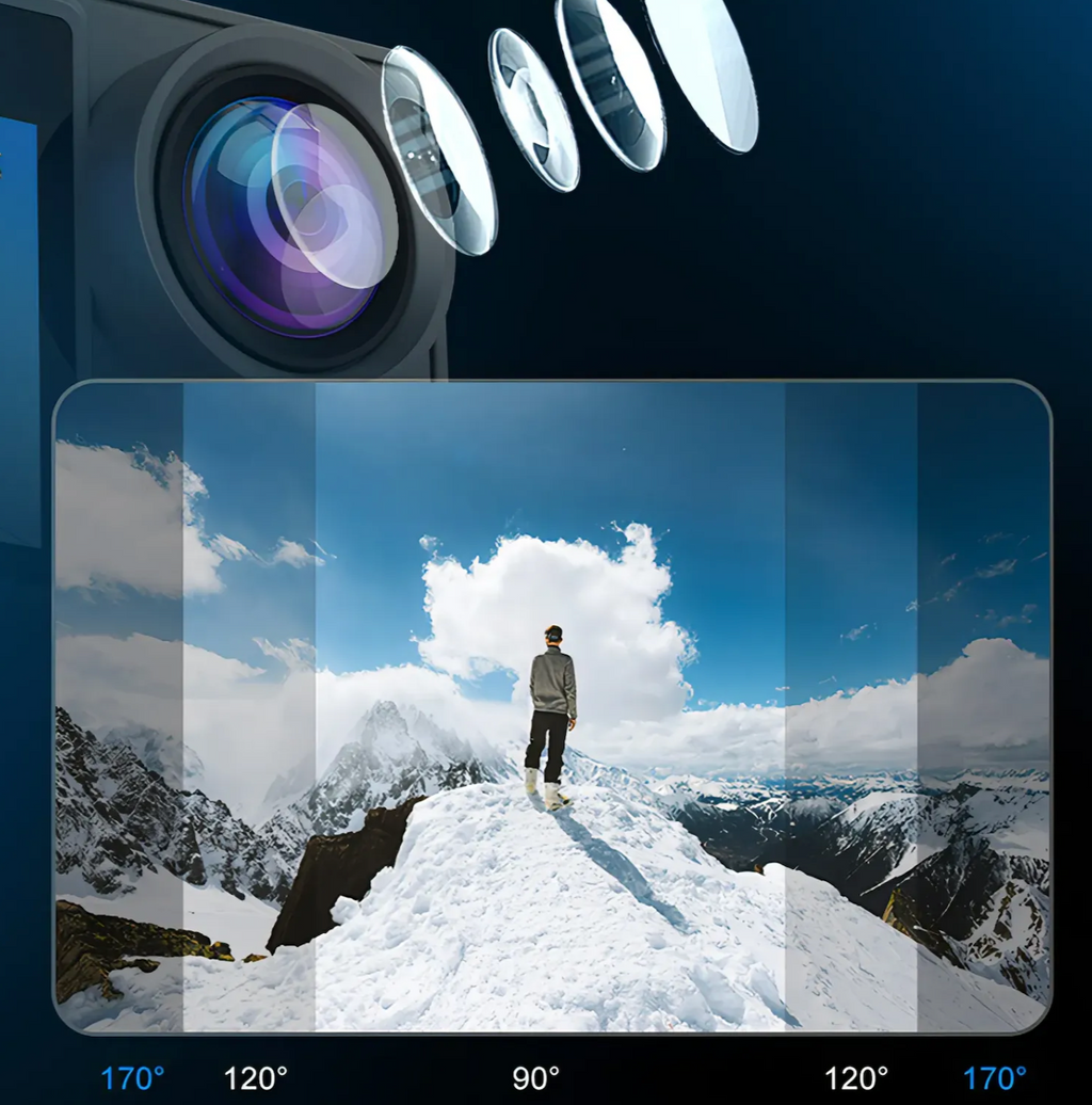 Swevix Action Kamera Objektiv mit Sucher zeigt Person auf verschneitem Berggipfel