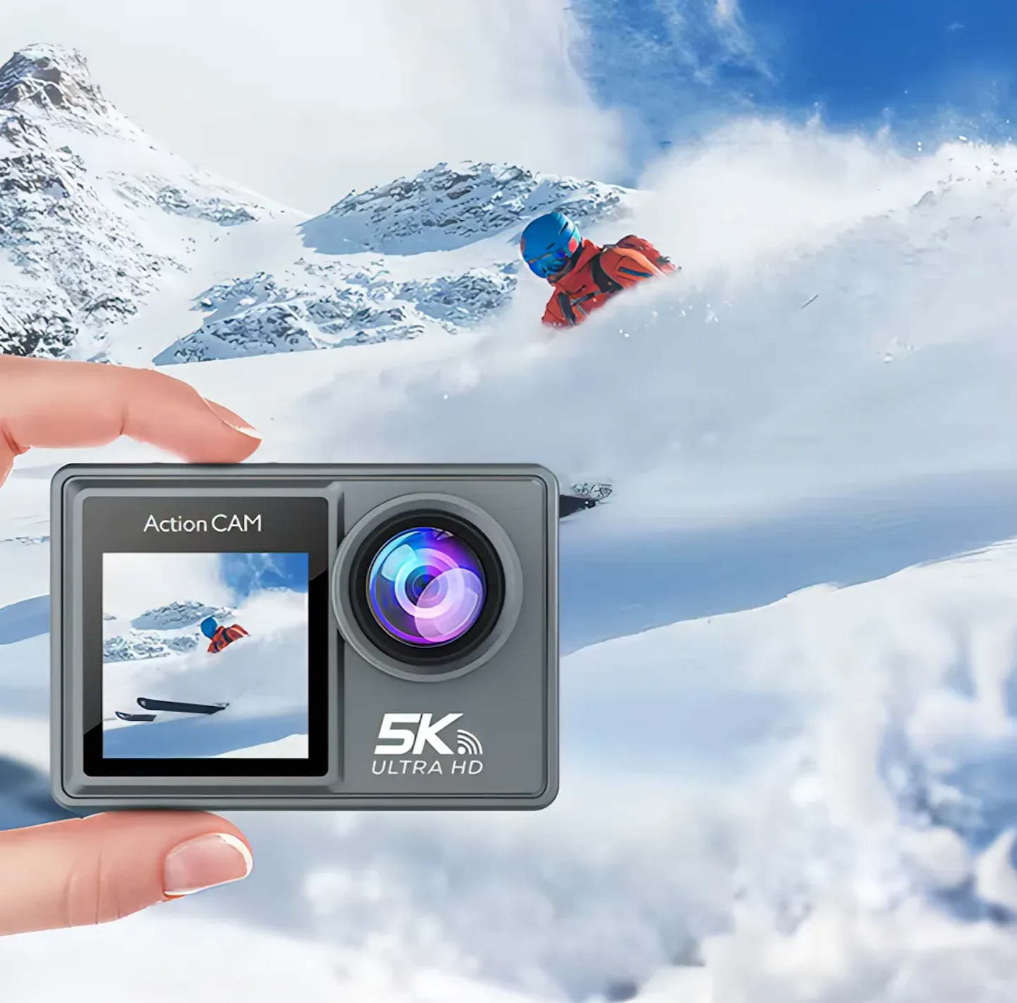 Swevix Action Kamera mit 5K Ultra HD Display vor verschneiter Berglandschaft