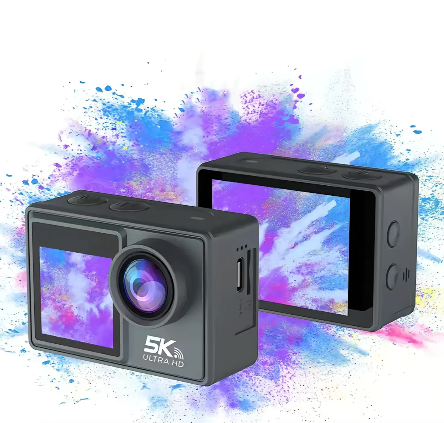 Swevix Action Kamera mit Display vor farbenfrohem abstraktem Hintergrund