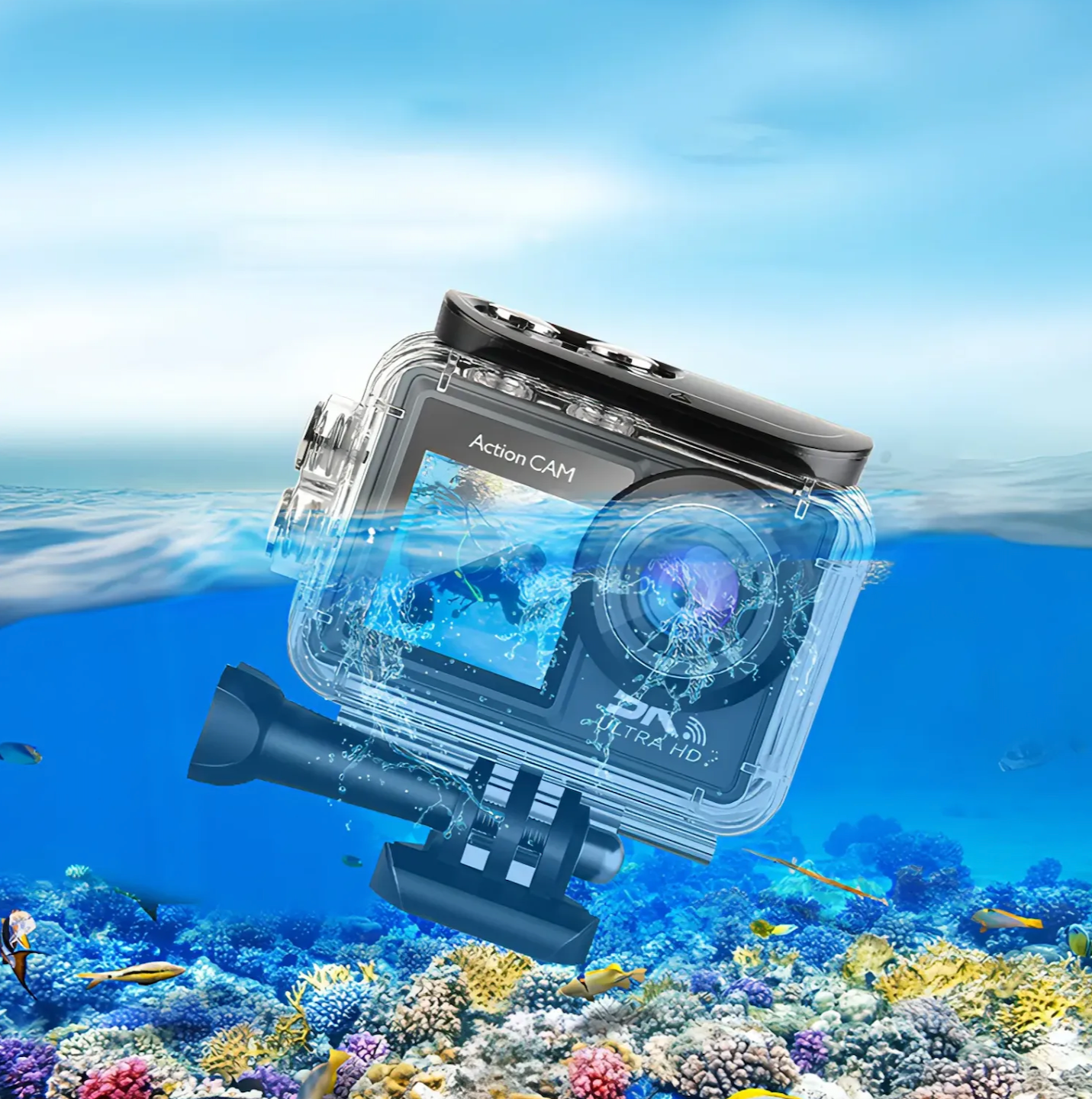 Swevix Action Kamera mit Unterwassergehäuse vor Korallenriff