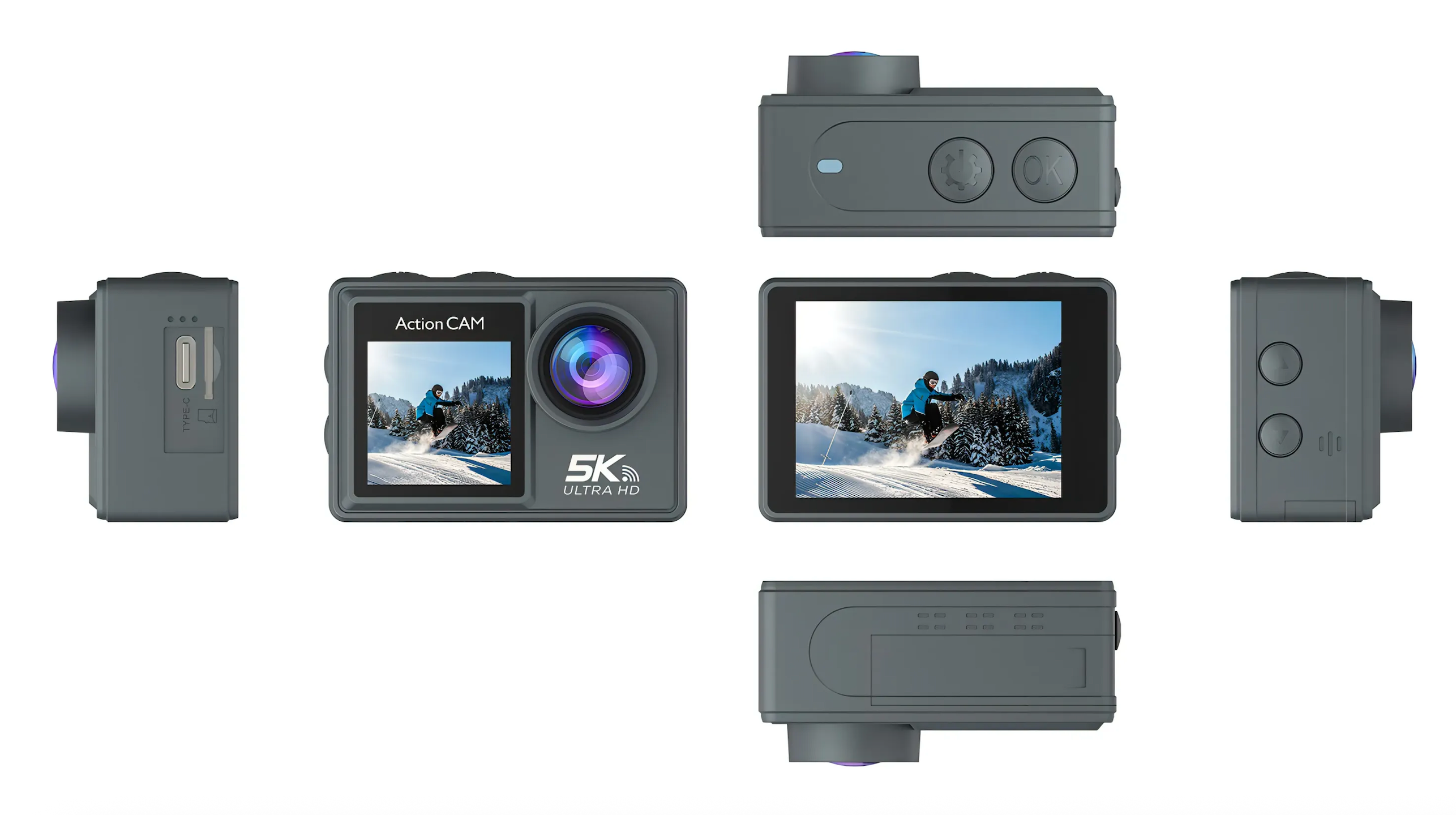 Swevix Action Kamera mit mehreren Ansichten auf weißem Hintergrund