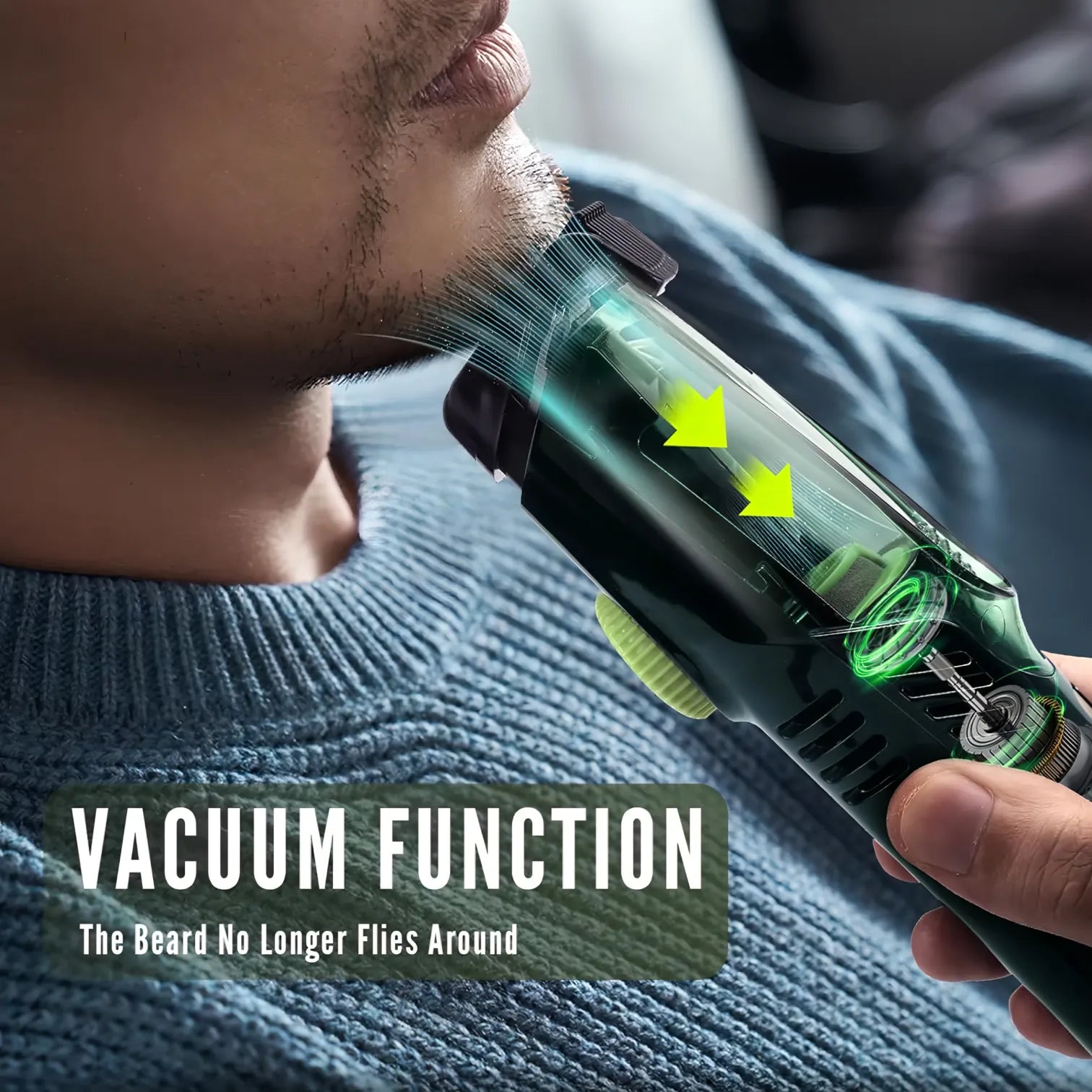 Person verwendet einen Swevix Barttrimmer mit Text, der seine Funktion hervorhebt