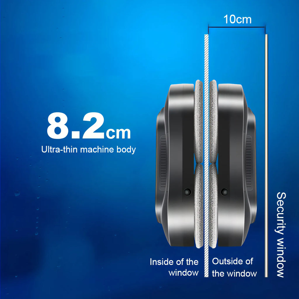 Illustration des Gehäuses eines Swevix Fensterputzroboters mit Sicherheitsfenster auf blauem Hintergrund
