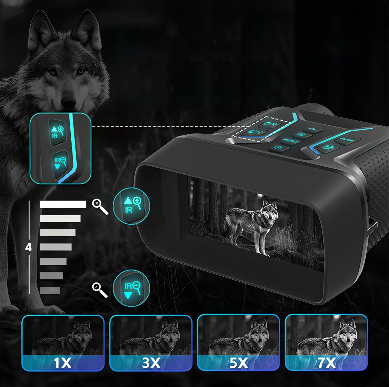 Swevix Nachtsichtgerät Mit 7 Stufen für Infrarotlicht, um die Helligkeit flexibel einzustellen und klarere Nachtbeobachtung zu ermöglichen.