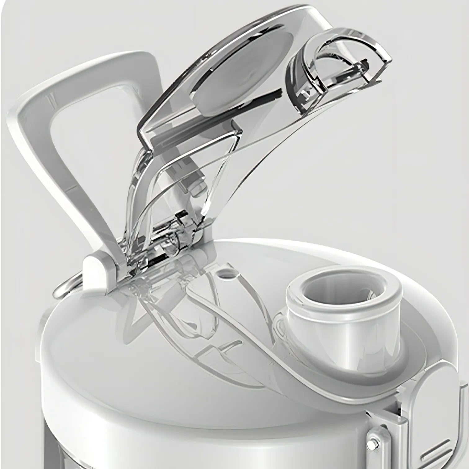 Nahaufnahme eines weißen Wasserspenders mit klarem Deckel auf hellgrauem Hintergrund