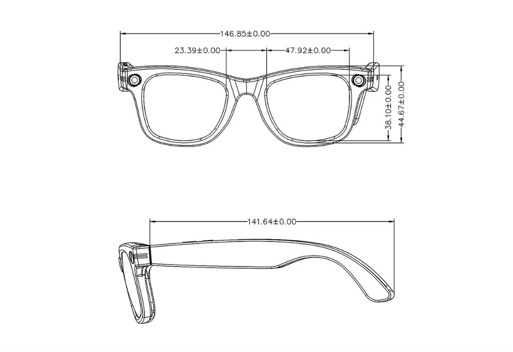 Technische Zeichnung eines Paars Onevik Smart Glasses mit Maßen auf weißem Hintergrund