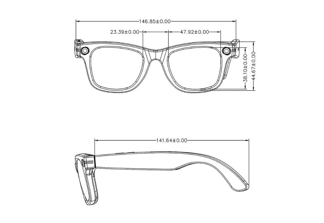 Technische Zeichnung eines Paars Onevik Smart Glasses mit Maßen auf weißem Hintergrund