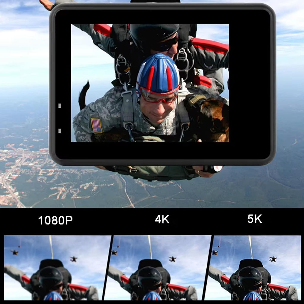 Comparison of video quality on a screen with 1080P, 4K, and 5K resolutions showing a person and dog skydiving.