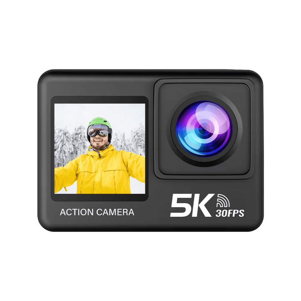 ZinoxCam Action Kamera mit 5K- und 30FPS-Anzeige auf grünem Hintergrund