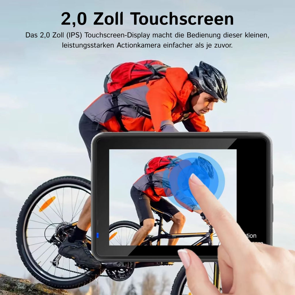 ZinoxCam Action Kamera mit 2,0-Zoll-Touchscreen-Display, verwendet von einer Person auf einem Fahrrad