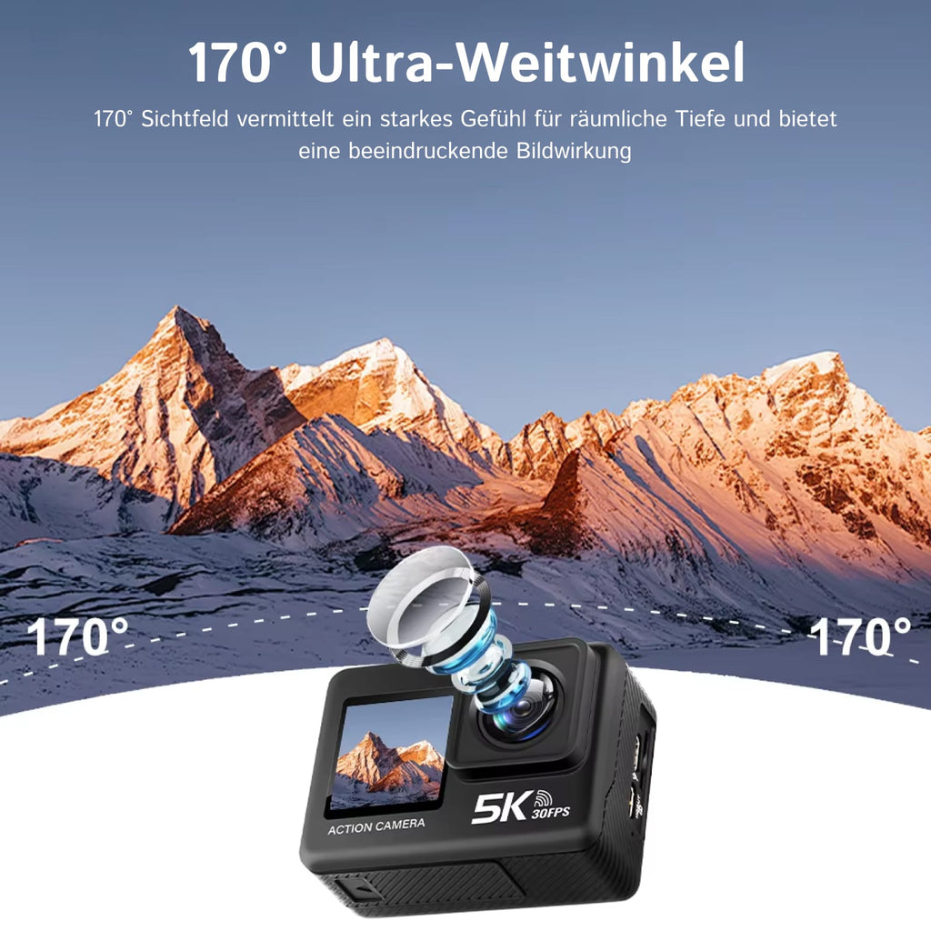 ZinoxCam Action Kamera mit 170-Grad-Ultraweitwinkelobjektiv, das eine bergige Landschaft zeigt