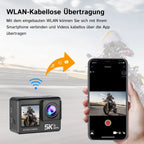 ZinoxCam Action Kamera mit Smartphone, das ein Video anzeigt, vor Straßenhintergrund, mit Betonung auf WLAN-Drahtlosübertragung