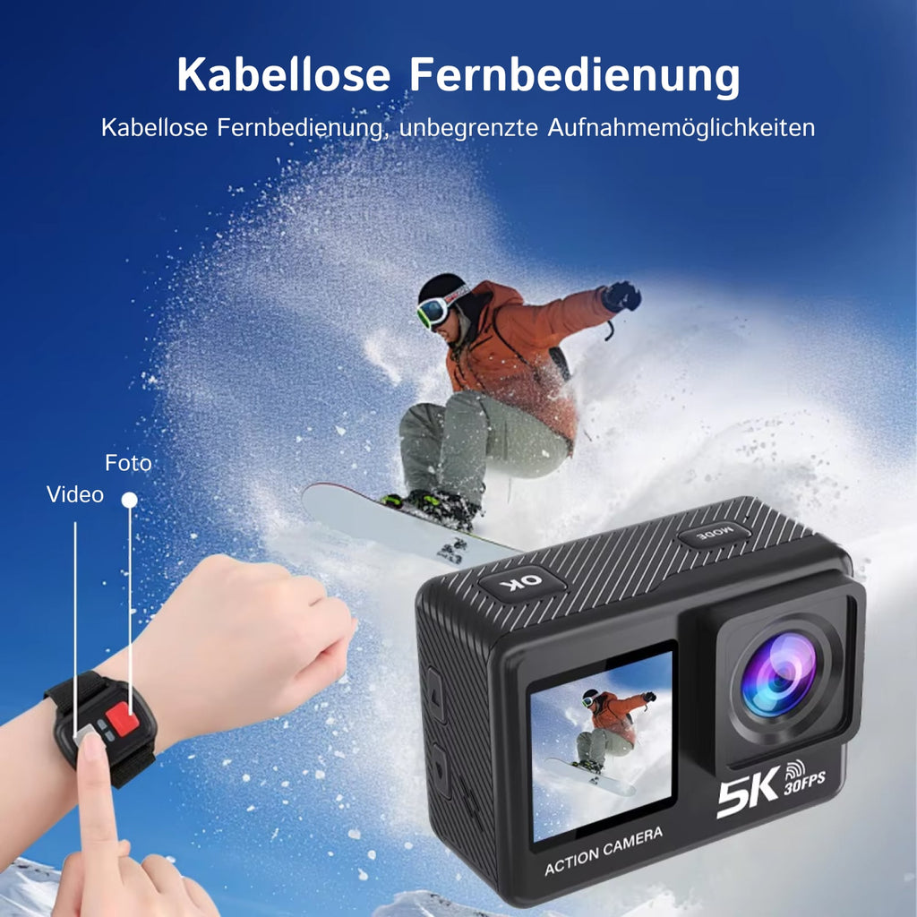 ZinoxCam Action Kamera mit kabelloser Fernbedienung, verwendet von einer snowboardenden Person, mit Text zu den hervorgehobenen Funktionen