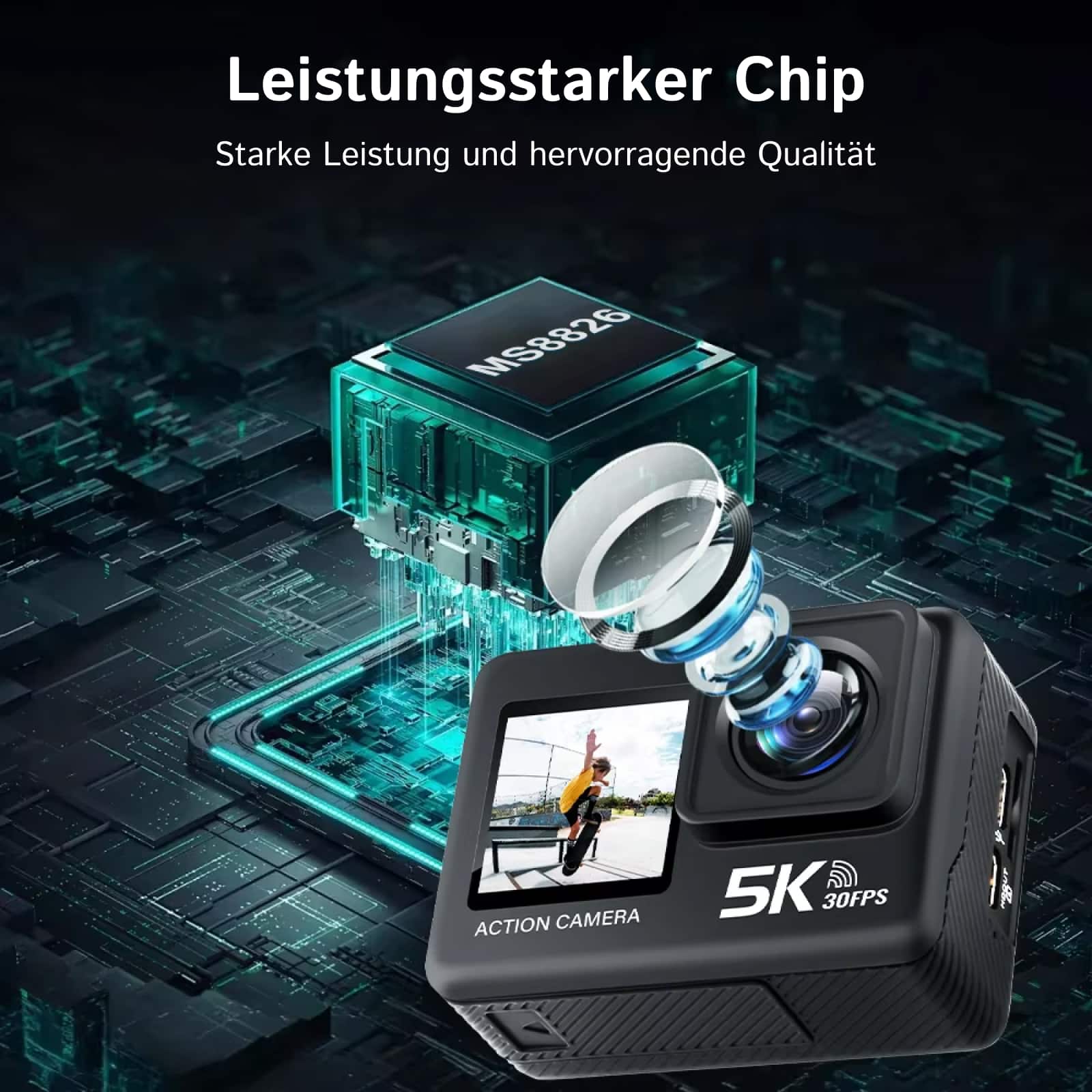 ZinoxCam Action Kamera mit leistungsstarkem Chip vor dunklem Hintergrund