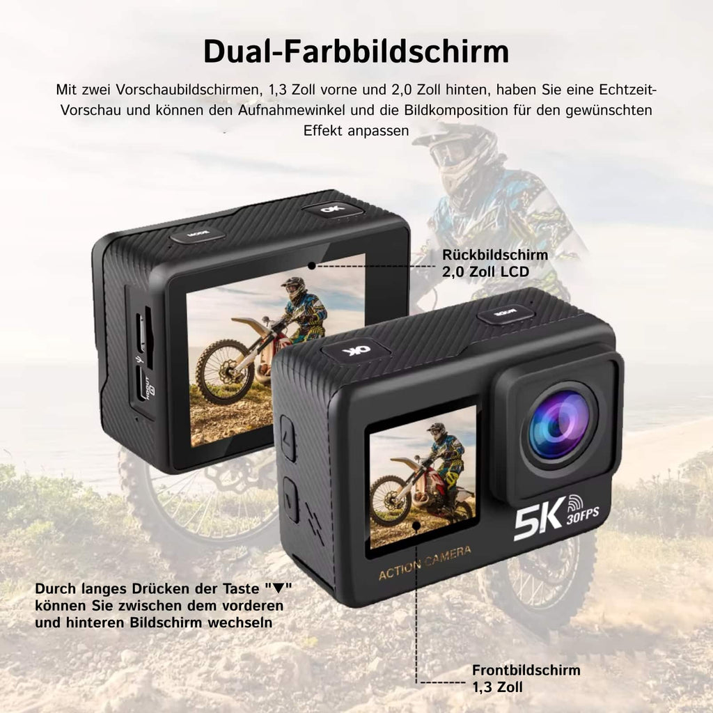 ZinoxCam Action Kamera mit zwei Farbdisplays und hervorgehobenen Funktionen vor unscharfem Hintergrund