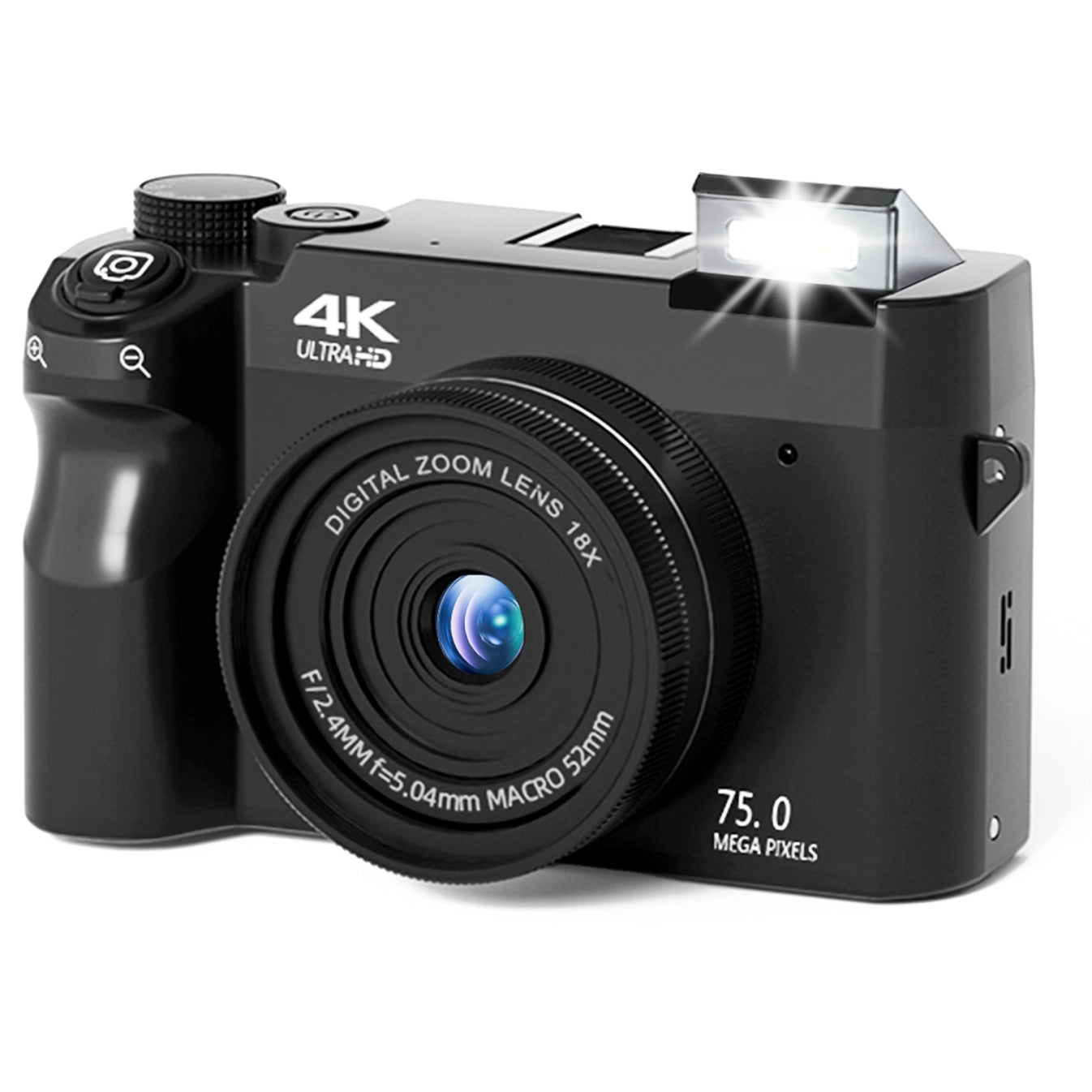 Schwarze Zoomix Digitalkamera mit 4K Ultra HD und 75,0 Megapixel auf weißem Hintergrund