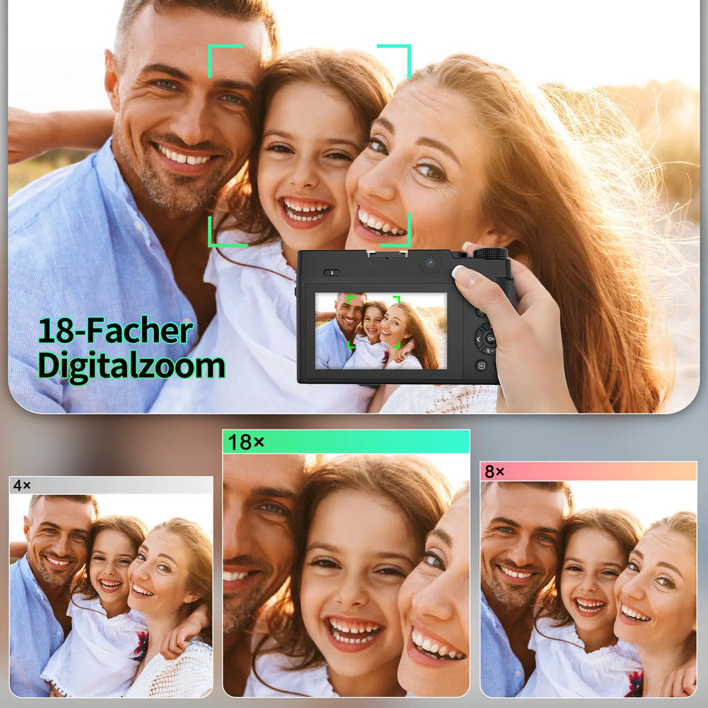 Familie macht ein Selfie mit einer Zoomix Digitalkamera, Zoomvergrößerung auf dem Bildschirm sichtbar