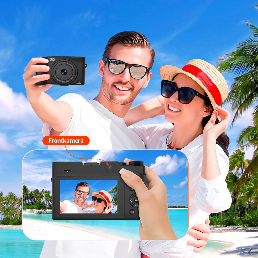 Paar macht ein Selfie mit einer Zoomix Digitalkamera an einem tropischen Strand