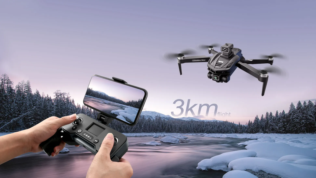 Person steuert eine Caracen V168 Pro Max Drohne mit Fernbedienung über verschneiter Landschaft