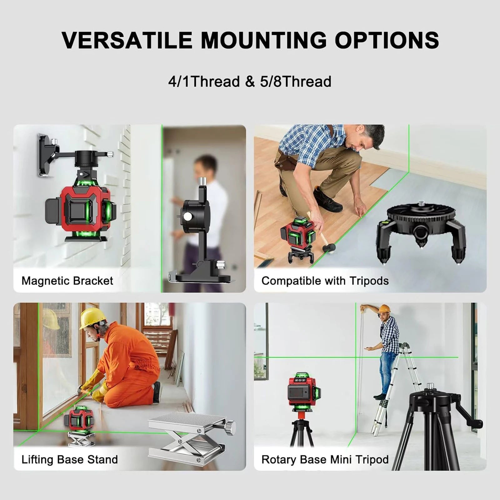 Vielseitige Montagemöglichkeiten für einen LynorHome Kreuzlinienlaser mit magnetischer Halterung, kompatibel mit Stativen, Hebebasisständer und drehbarer Mini-Stativbasis