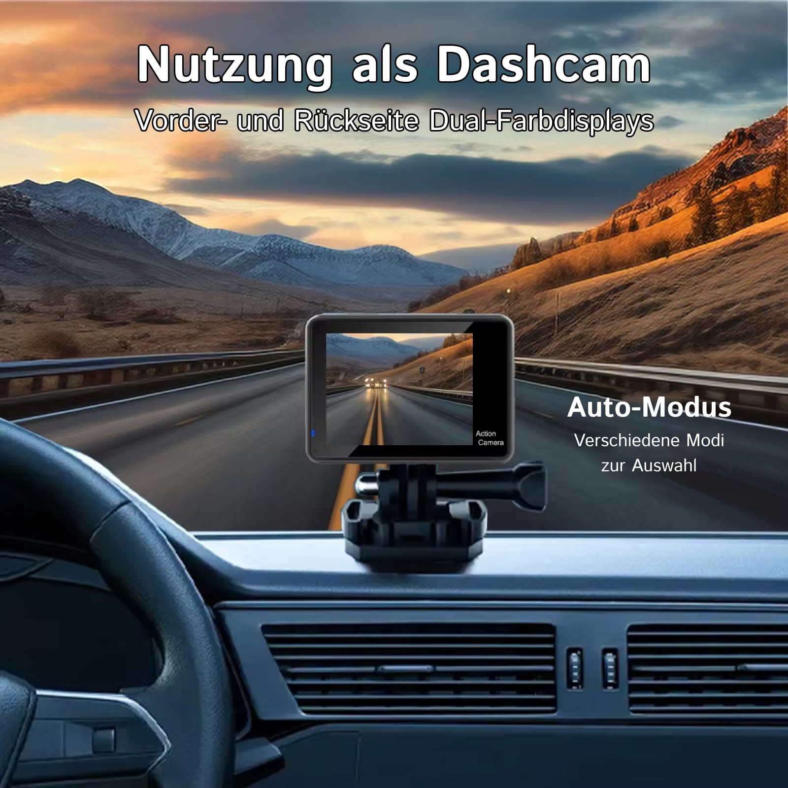 Armaturenbrett eines Autos mit einer ZinoxCam Action Kamera, die eine landschaftliche Straße und Berge anzeigt
