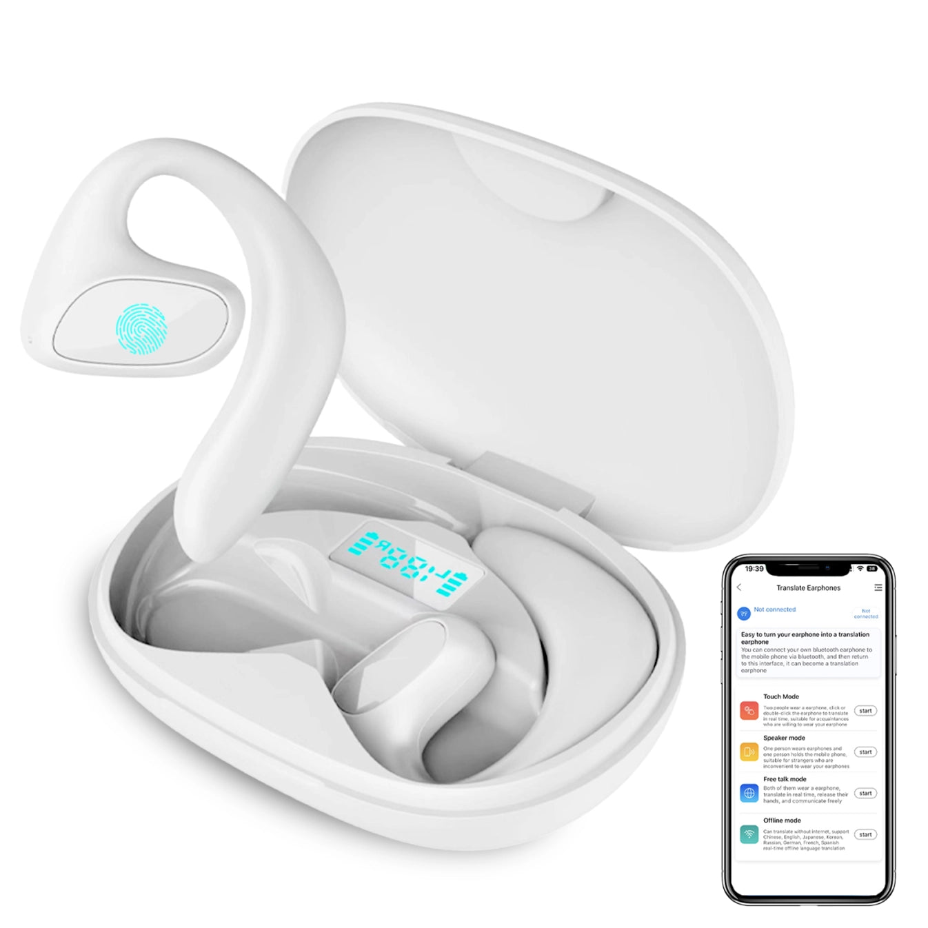 Meacode AI Translation Earbuds mit Ladeetui und Smartphone-App auf weißem Hintergrund