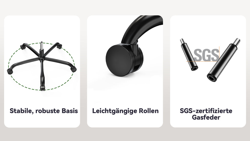 Drei Produkteigenschaften mit Text auf weißem Hintergrund