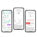 Drei Smartphone-Bildschirme mit Gesundheits-Apps und verschiedenen Messwerten