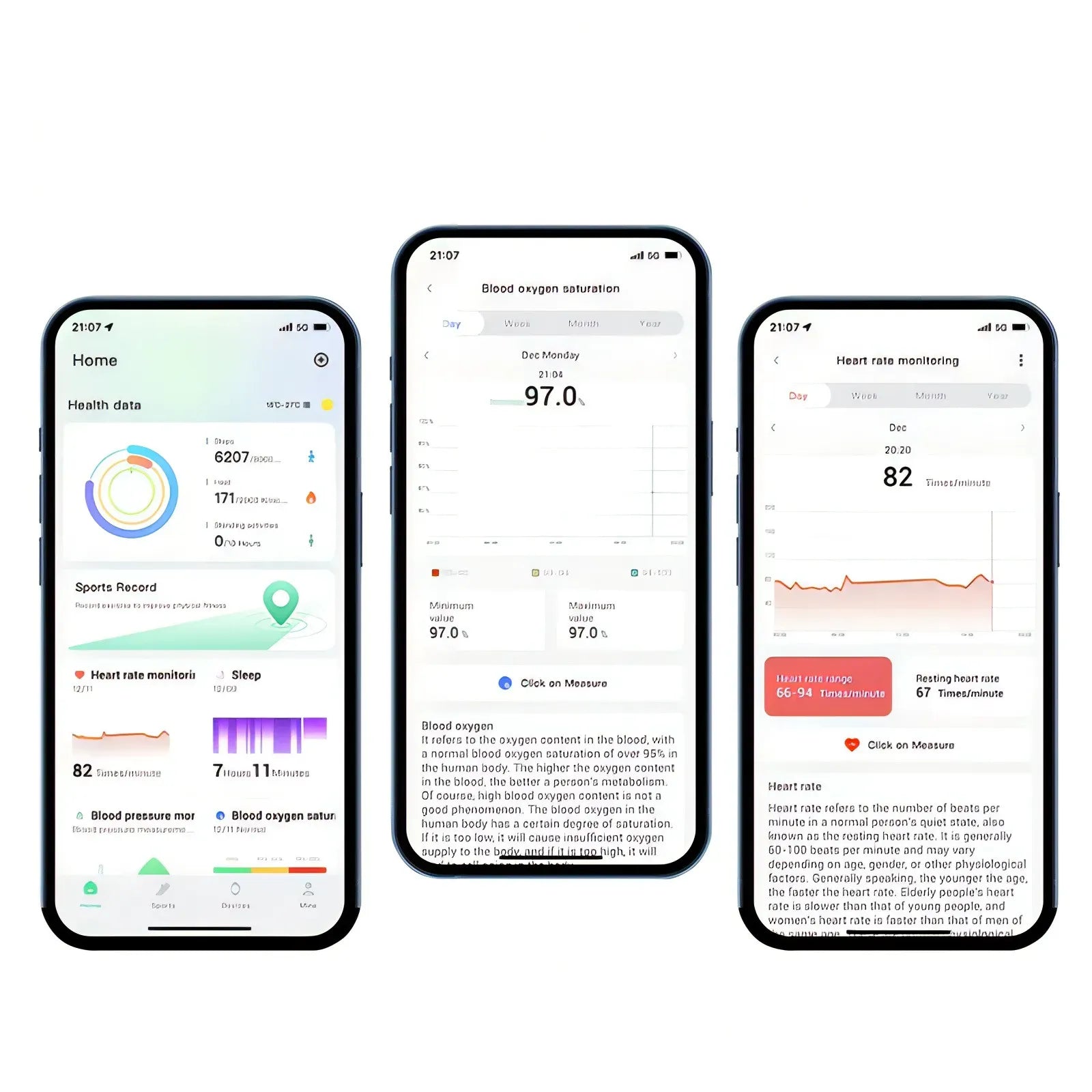 Drei Smartphone-Bildschirme mit Gesundheits-Apps und verschiedenen Messwerten