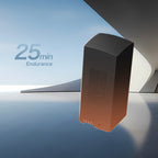 Akkupack mit der Aufschrift „25 Minuten Laufzeit“ auf reflektierender Oberfläche